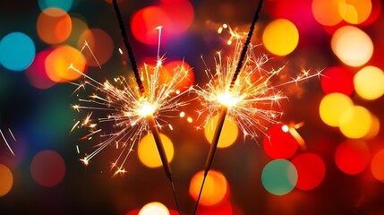 Wall Mural - Firecrackers on a celebration party with colorful bokeh lights on background