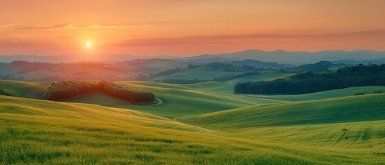 Wall Mural - Serene Sunset Over Rolling Green Hills Landscape