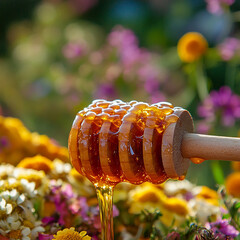 wooden Honey comb for loaded honey in beautiful garden generated by AI