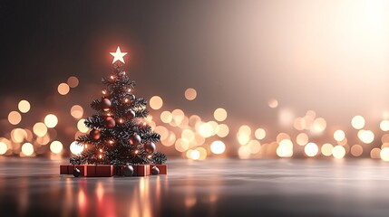 Poster - red and black christmas tree topper glowing above holiday lights, 3d illustration