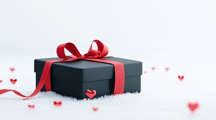 Poster - black christmas gift box with red ribbon, resting in snow, 3d illustration