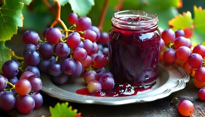 Vibrant glass jar of homemade grape jam on a silver platter surrounded by fresh red and green grapes