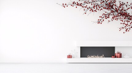 Poster - red and black christmas garland hanging over a snowy fireplace, 3d illustration