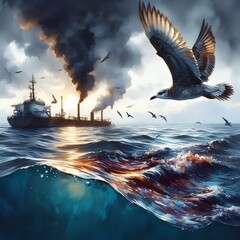 Wall Mural - a bird flying over an oil spill in the ocean, watercolor, dark hues, realistic.