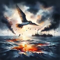 Wall Mural - a bird flying over an oil spill in the ocean, watercolor, dark hues, realistic.