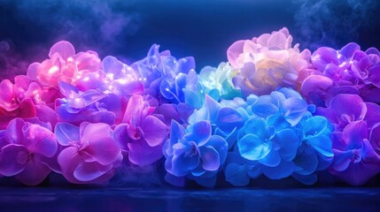 Vibrant neon orchids in iridescent smoke: a dazzling spectrum of colors