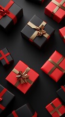 Poster - Red and black Christmas gift boxes with golden ribbons, 3D illustration
