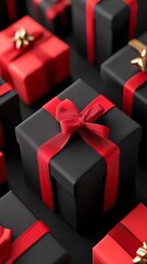 Poster - Red and black Christmas gift boxes with golden ribbons, 3D illustration