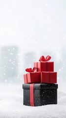 Poster - Black sleigh filled with red gifts, snow-covered background, 3D illustration