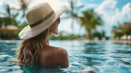 Young woman traveler enjoying a summer vacation at swimming pool in tropical resort near the beach, Travel lifestyle concept 