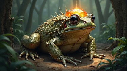 a big green toad with a glowing ball on its head