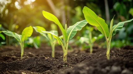 A group of young banana trees sprouting in a small garden, their bright green leaves standing out against the rich soil.