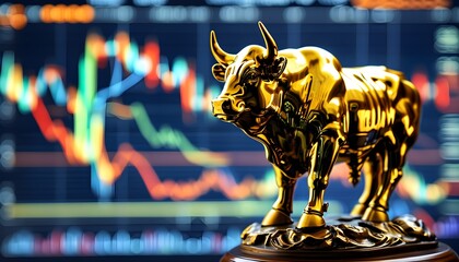 Wall Mural - Victorious Golden Bull Figurine on Stock Market Chart Representing Growth and Financial Success