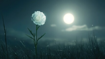 Wall Mural - A single white carnation, softly lit by the glowing full moon in a serene nighttime scene