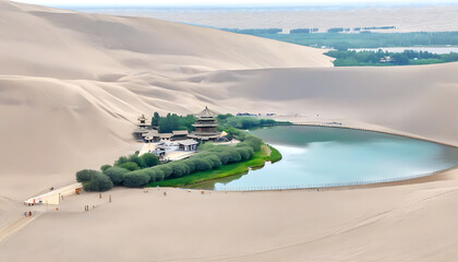 Wall Mural - Enjoy the charm of nature in the desert scenery of Dunhuang and Crescent Lake