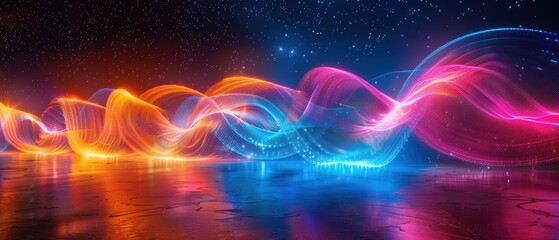 Wall Mural - Vibrant Light Waves in Cosmic Night Sky