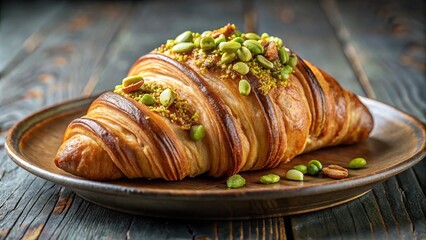 Delicious French pistachio croissant on plate