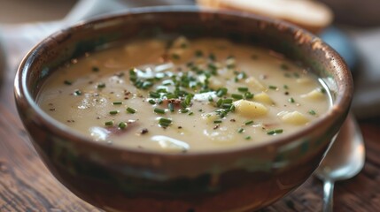 Wall Mural - A bowl of creamy potato leek soup with chives.