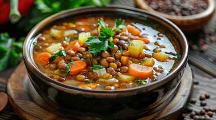 Wall Mural - A bowl of hearty lentil soup with vegetables.