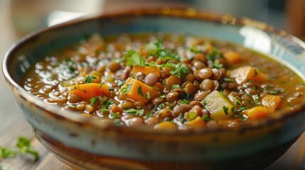 Wall Mural - A bowl of hearty lentil soup with vegetables.