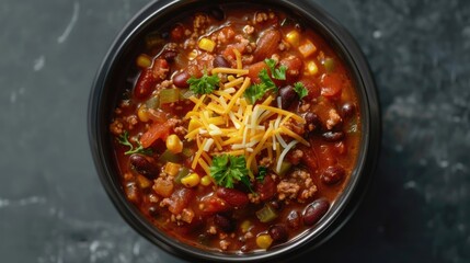 Wall Mural - A bowl of vibrant vegetable chili with cheese.