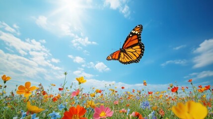 A vibrant monarch butterfly flying over a field of blooming wildflowers under a clear blue sky, capturing the essence of nature in motion.