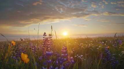 A captivating sunrise over a field of wildflowers with the sky transitioning from dark to light.