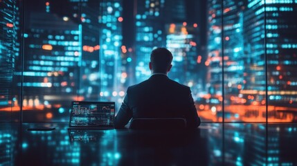 Poster - A Man Silhouetted Against a City Lightscape at Night
