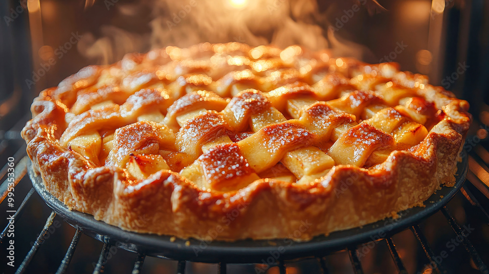 Apple pie just out of the oven, with steam rising from its golden crust ...
