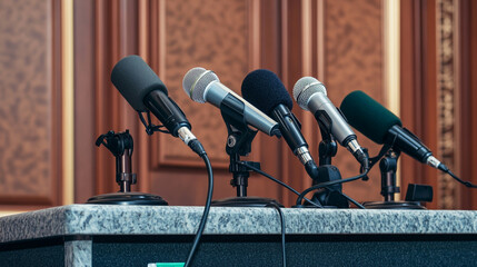 A collection of microphones arranged for an upcoming press conference in an elegant venue