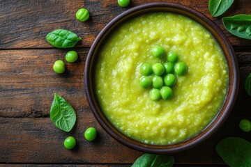 Wall Mural - Pea soup in a bowl with garnish. Delicious and healthy pea soup is perfect for a light meal.