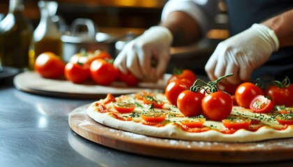 Wall Mural - Vibrant close-up of a chef preparing pizza with fresh tomatoes in a bustling restaurant kitchen