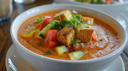 Wall Mural - A delightful and refreshing bowl of gazpacho, with a chilled tomato-based soup, garnished with fresh vegetables and croutons