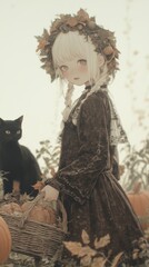 Poster - A black cat sitting next to a girl in a dress