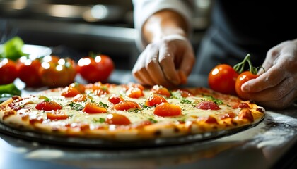 Vibrant close-up of a chef preparing pizza with fresh tomatoes in a bustling restaurant kitchen