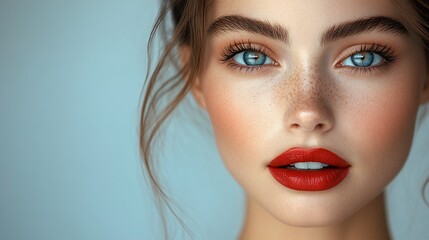 Wall Mural - Close-up portrait of a beautiful woman with blue eyes and red lipstick.