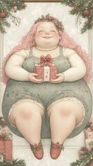 Canvas Print - A painting of a fat woman holding a present