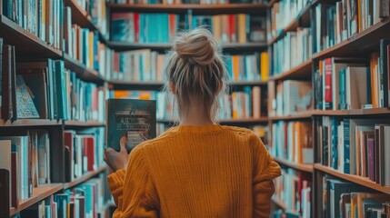 Poster - Woman Browsing Books in a Library