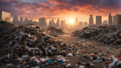 View of a dumpsite in the middle of the city at sunset, showing piles of trash against a backdrop of colorful skies.