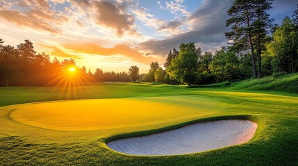 Beautiful golf course at sunset with lush green grass and a sand bunker, perfect for sports and nature photography.