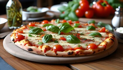 Delicious pizza being prepared in a restaurant kitchen with selective focus on ingredients and culinary details