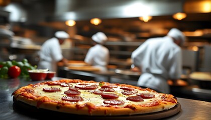 Vibrant kitchen scene featuring chefs crafting delicious pizza in a bustling restaurant atmosphere