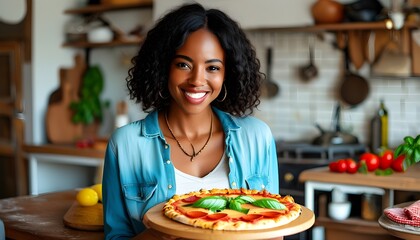 Joyful African American woman enjoying freshly made pepperoni pizza with basil in a cozy kitchen setting