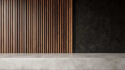 A wall with wooden slats, a concrete counter in front of it