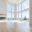 © SynthArt BWG - A large open living room with a fireplace and a view of the mountains