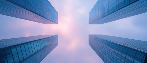 A city skyline with four tall buildings and a cloudy sky