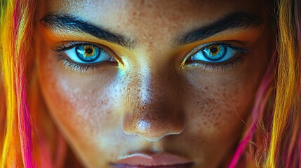 Wall Mural - Close-up portrait of a young woman with blue eyes and freckles, looking directly at the camera.