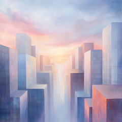 Wall Mural - a painting of a cityscape with a sunset in the background