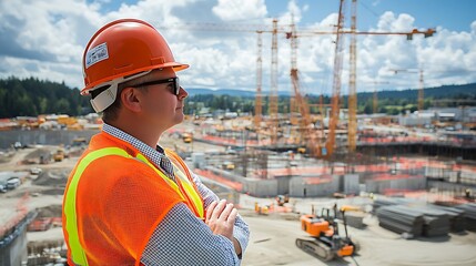 Engineer Overlooking Construction Site A civil engineer wearing a hard hat and high-visibility vest, standing with arms crossed, overlooking a large construction site with cranes and machinery in the 