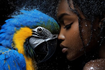 Poster - Woman is hugging a blue and yellow parrot. The parrot is on the woman's face. portrait of a girl with a beautiful ara parrot in the rain with in the background jungle with flowers